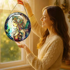 Stained Glass Window Hanging, LAOWEIKI 8'' Fairy Suncatcher, Stained Glass Ornament, Suncatchers for Windows Hanging, Window Decor, Outdoor or Indoor, Gifts for Women, Bestie, Friends