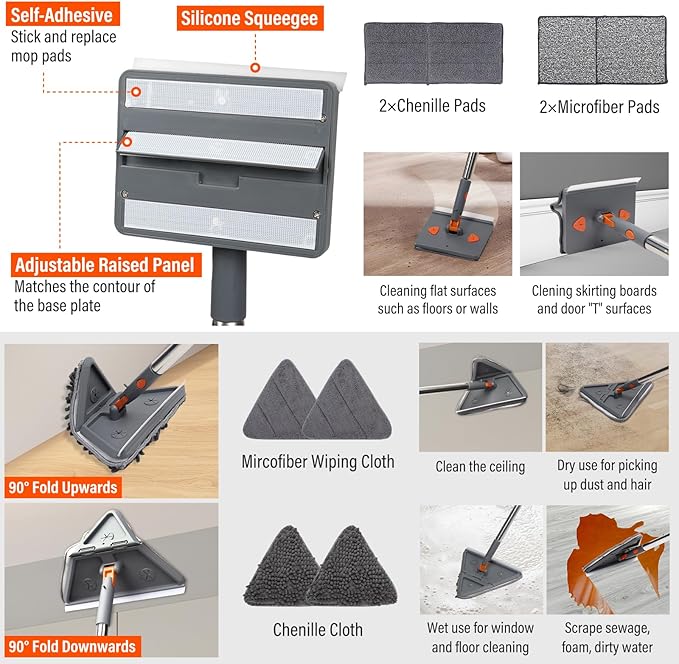 Baseboard Cleaner Tool with Handle,Wall Cleaner mop with Squeegee, Baseboard Cleaning Tool with 85" inch Extension Pole,8 Replacement Pads for Baseboards Cleaning, Ceiling, Wall, Floor, Shower