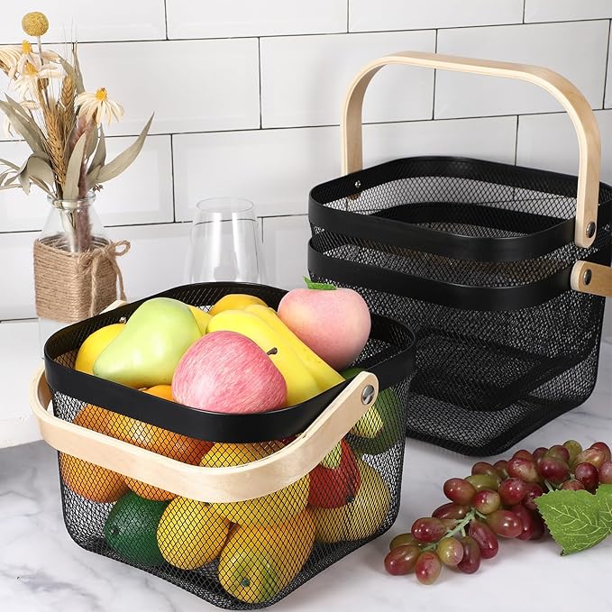 Roshtia 6 Pcs Metal Mesh Steel Basket with Handle, Square Wire Harvest Thanksgiving, Shopping Baskets for Retail Store Christmas Garden Bathroom Kitchen(8.46 x 8.46 x 6.5 Inch,Black)