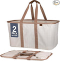 CleverMade Collapsible Laundry Tote - LUXE Cream Herringbone 2Pack 50L -Foldable Storage Organization Container Clothes Laundry Room Storage Solution
