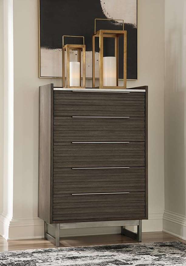 Signature Design by Ashley Arkenton Modern 5-Drawer Chest of Drawers with Safety Stop, Soft Close and Felt Lined, Gray & White