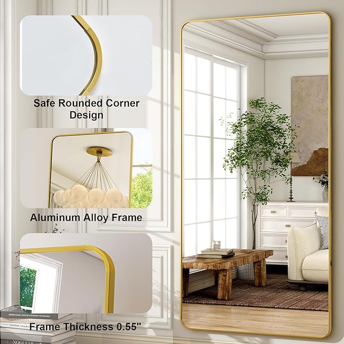 HARRITPURE 80"x40" Oversized Full Length Mirror - Rectangular Gold Aluminum Frame Floor Mirror with Stand for Bedroom, Living Room, Cloakroom, Full Body Reflection