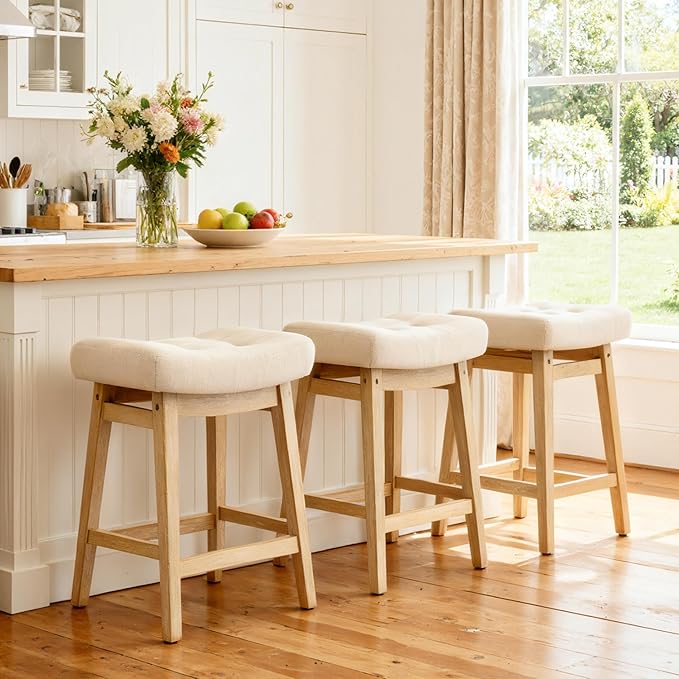 Counter Height Bar Stools Set of 3 for Kitchen Counter, Backless Farmhouse Kitchen Island Barstools with Upholstered Fabric Saddle Seat and Solid Wood Legs Modern 24 inch Bar Chairs, Khaki