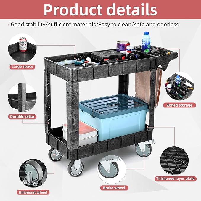 Heavy Duty Utility Service Cart 2 Shelves 550 Pounds Capacity Rolling Workshop Cart with Wheels Parts Cart for Maintenance Professional Worker Garden Garage (2 Tier, 40.5"D x 17.3"W x 34"H)