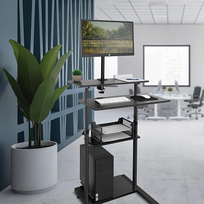 Mount-It! Mobile Computer Cart with Monitor Mount for Screen up to 32", Portable Desk on Wheels, Rolling Laptop Stand for Teachers, Office, Classroom, Rise up to 53", Podium, Keyboard Tray, Black