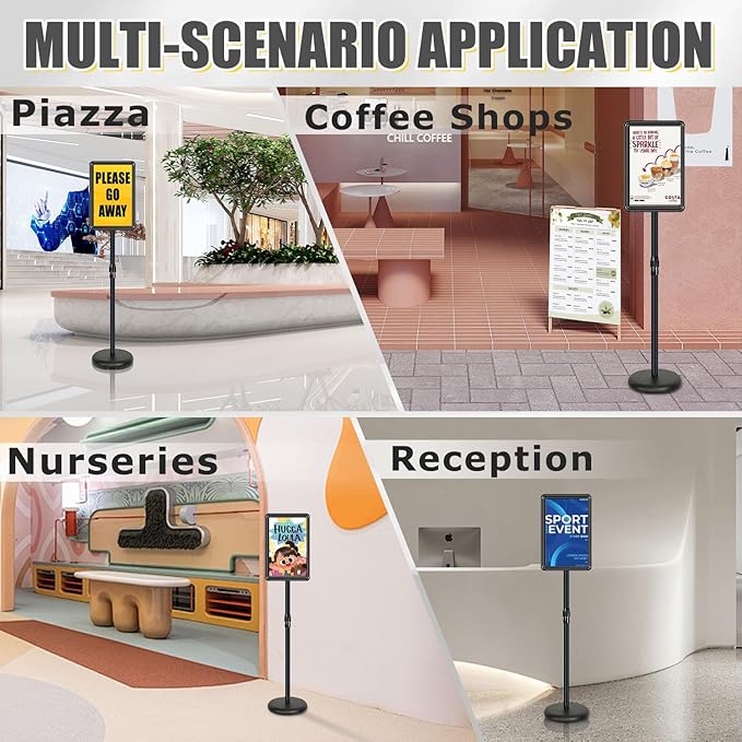 Sign Stand - Standing Sign Holder for 11x17 Inch, Pedestal Poster Sign Stand, Vertical and Horizontal View Sign Displayed, Round Corner Sign Holder for Church School Parties Business, Black (6 Pack)