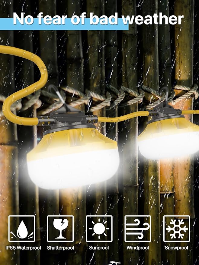 HYPERLITE Construction String Lights: 50FT 5 Bulbs Work Lights with Climbing Hooks - IP65 Waterproof Linkable LED Industrial Temporary Lighting for Construction Sites Attic Crawlspace Renovation