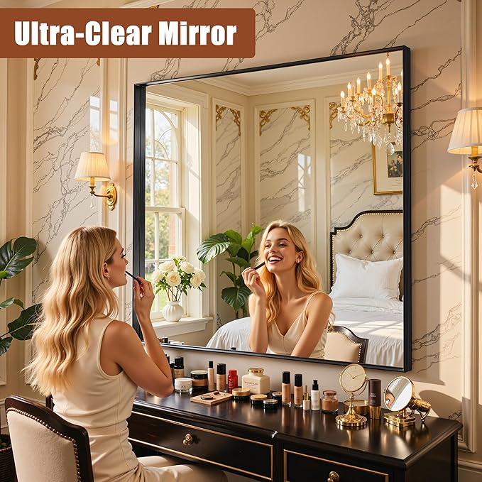 48"x36" Black Framed Bathroom Mirror, Large Rectangular Vanity Mirror, Aluminum Metal Frame, Wall Farmhouse Modern Wall-Mounted Mirrors for Bathroom, Bedroom, Living Room, Over Sink
