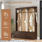 Merax Farmhouse Wood Hall Tree with Shoe Bench and 3 Drawers, 4-in-1 Coat Rack with 8 Hooks for Entrance, Hallway, Mudroom Dark Walnut