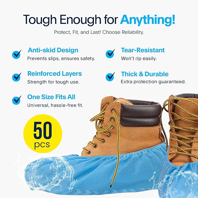 Premium Disposable Boot & Shoe Covers Booties | 50 Pack | Durable, Non-Slip, Non-Toxic, Water Resistant, Recyclable Protectors for Indoor & Outdoor | Large Size Fits Most Shoes