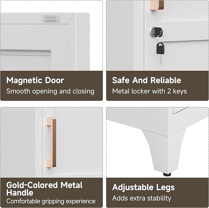 Bestoo Metal Locking Cabinet, 46" H Storage Locker with 1 Magnetic Door and 2 Adjustable Shelves, 3-Tier White Storage Cabinet for Bathroom, Kitchen, Pantry, Home, Office, Garage