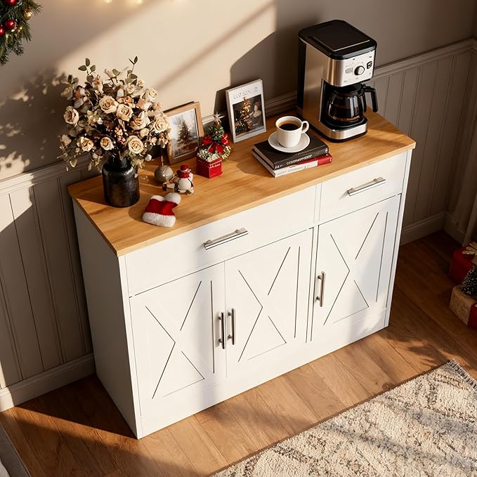 SUNLEI Sideboard Buffet with Storage, Farmhouse Kitchen Cabinet with 3 Doors and 2 Drawers, Coffee Bar Cabinet with Storage for Living Room, White