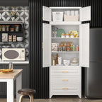 90" Kitchen Pantry Cabinet with 3 Drawer,Metal Storage Cabinets with Doors and 4 Adjustable Shelves,White Kitchen Cabinet with 2 Gold Handles,Food Cupboard for Livingroom,Pantry, Bathroom