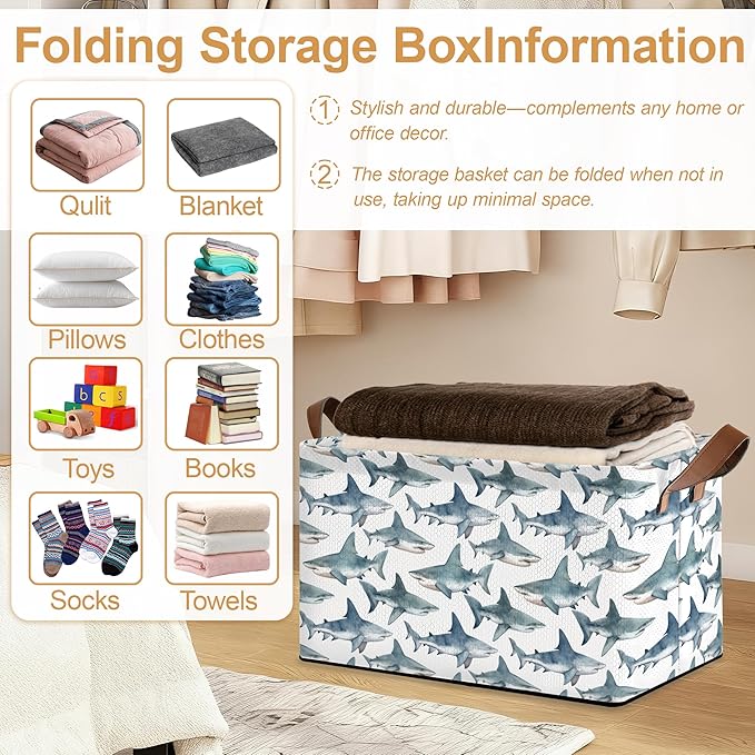 Sharks Storage Bin with Handles, Basket Storage Organizer for Shelves, Closet, Nursery, Book, Laundry Hamper & Home Decor