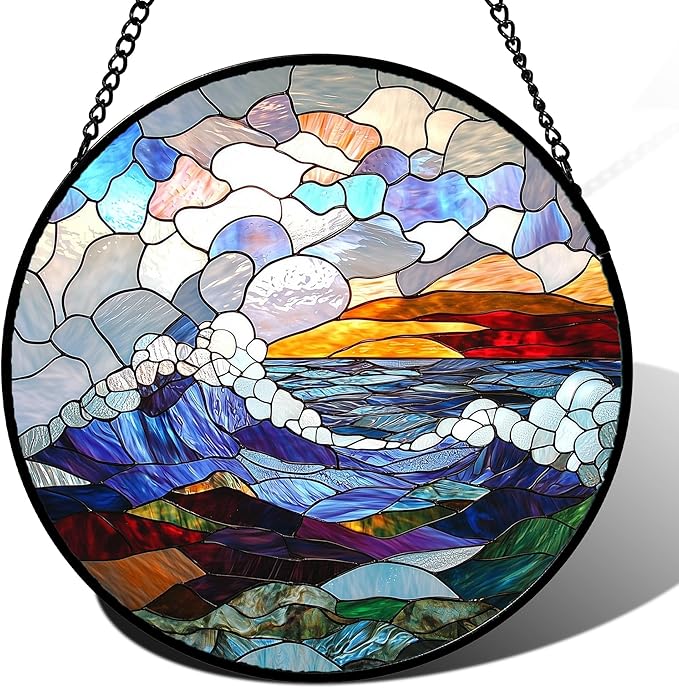 Stained Glass Window Hanging, Abstract Colorful Ocean Waves Landscape Suncatcher for Doors Window Home Sun Catchers Decor Mother's Day Birthday Gifts for Women, Men Mom 15 in