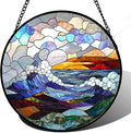 Stained Glass Window Hanging, Abstract Colorful Ocean Waves Landscape Suncatcher for Doors Window Home Sun Catchers Decor Mother's Day Birthday Gifts for Women, Men Mom 15 in