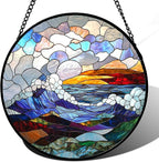 Stained Glass Window Hanging, Abstract Colorful Ocean Waves Landscape Suncatcher for Doors Window Home Sun Catchers Decor Mother's Day Birthday Gifts for Women, Men Mom 11.8 in
