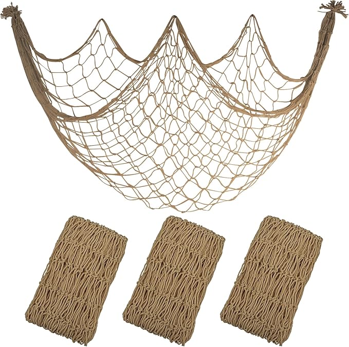 3 Pack Fish Net Decorations - 80x40'' Brown Decorative Fishing Nets Wall Decor Table Runner Ceiling Net, 3mm Natural Cotton Fish Netting for Pirate Under The Sea Nautical Beach Theme Party Decorations