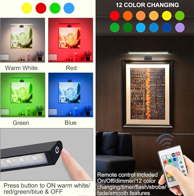 BIGMONAT 16inch Wireless LED Picture Light with Remote, USB Rechargeable Battery Operated Painting Light, Color Changing Art Display for Wall with Timer,Dimmable Art Light for Paintings,Frame,Portrait