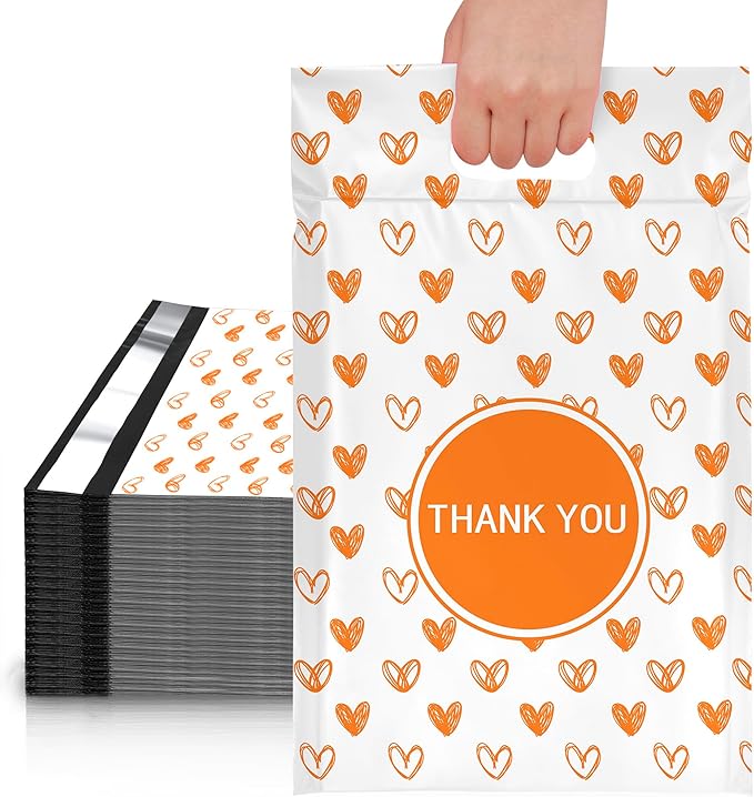 JinRuiKJ Poly Mailers with Handle 10x13 Inch 100 Pcs, Easy to Carry Packaging Bags for Small Business, Thank You Shipping Bags with Self Adhesive Strip, Tearproof and Waterproof - Yellow heart