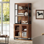 WAMPAT Modern 72" Tall Bookcase with Glass Doors and Adjustable Shelves, Library Book Shelf with Storage Cabinet and Open Book Shelfs, Wood Bookshelf for Home Office, Living Room, Brown
