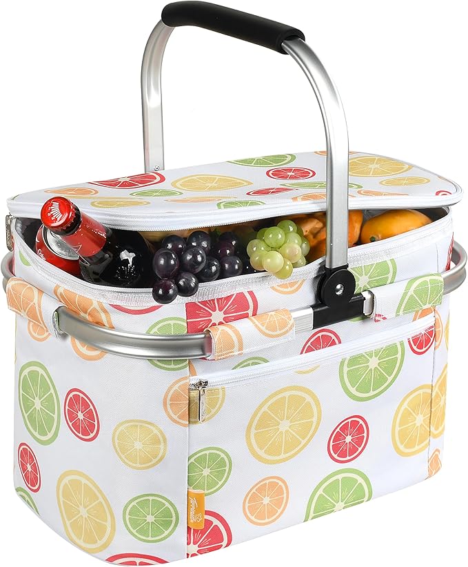 Tirrinia Large Insulated Picnic Basket, 34L Water Resistant & Leakproof Collapsible Portable Cooler Basket Set with Aluminium Handle for Travel, with a Free Foldable Grocery Bag, Yellow Lemon