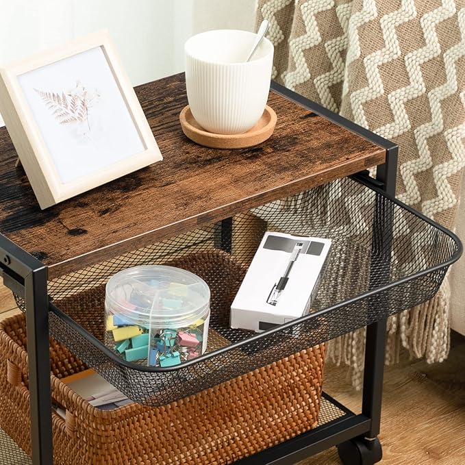 HOOBRO Under Desk Printer Stand, Industrial Printer Cart with Storage Shelf, 2-Tier Mobile Printer Table on Wheels, Heavy Duty Machine Storage Rack for Office and Home Rustic Brown + Black BF12PS01