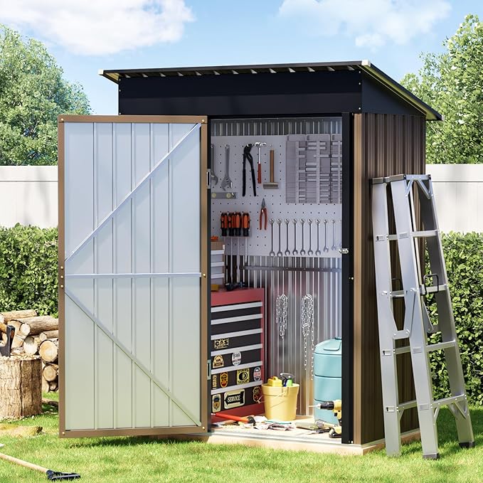 Breezz 5x3FT Vertical Outdoor Steel Storage Shed with Floor Frame, Lockable Doors, Compact Metal Tool Shed for Garden, Backyard, Patio, Utility, and Bike Storage,Brown