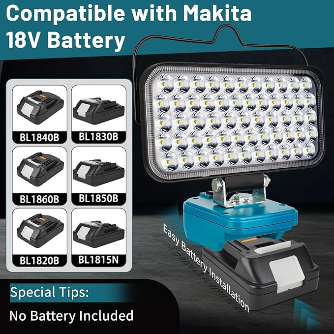 Cordless LED Work Light for Makita 18v Battery, Portable Flood Lights 120W Spotlight Compact Lighting 10600LM with Type C & USB Fast Charging for Camping, Hiking, Fishing,Power Failure,Workshop