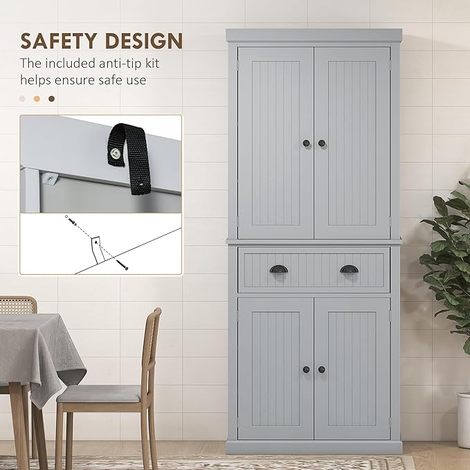 HOMCOM 72" Traditional Kitchen Pantry Cabinet, Freestanding Tall Storage Cabinet with 4 Doors, Drawer and 3 Adjustable Shelves for Dining Room, Gray