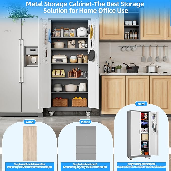 Aobabo Upgrade 71H''*32''W*16''D Metal Garage Storage Cabinet with Wheels and Pegboards, 5 Adjustable Shelves Steel Storage Cabinets for Home,Warehouse,Garage,Assembly Required,Grey and White