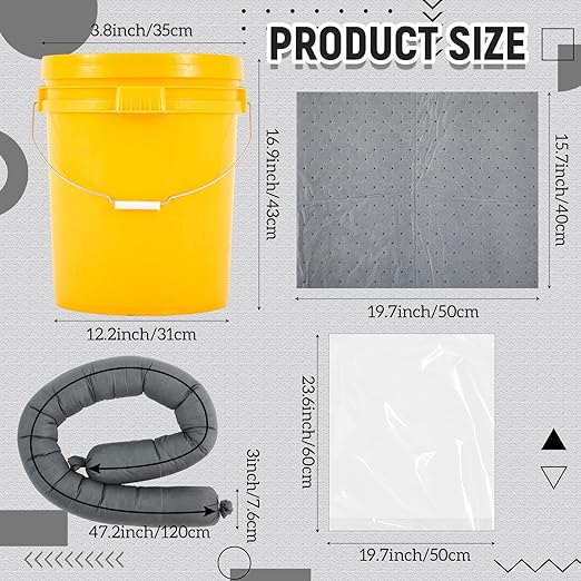 41 Pcs Universal Spill Kit Portable Complete 9-Gallon Spill Kit, Absorbs Oils Water and More, Yellow Bucket, 30 Absorbent Pads, 4 Pcs 3" x 4' Sorbent Socks, 5 Disposal Bags, PVC Gloves