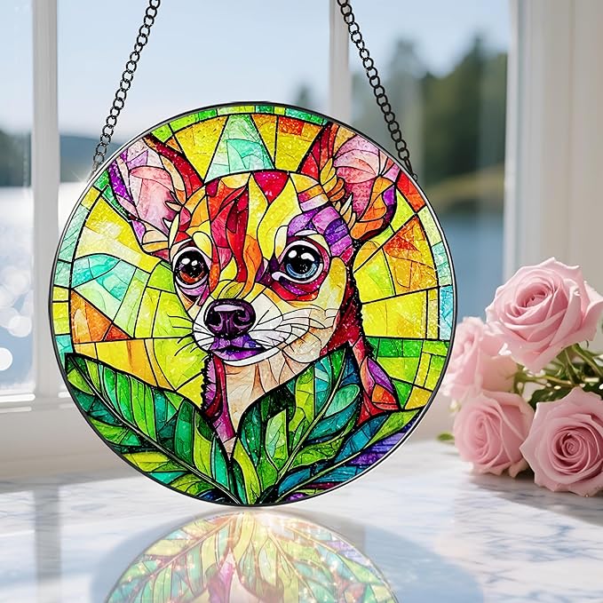 8″ Stained Glass Window Hanging Ornament, Vibrant Chihuahua Stained Glass Suncatcher Ornament, Sun-Catcher Window Decor | Gifts for Dog Lovers, Dog Lover Gift, Pet Lover Gift