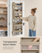 SONGMICS Over The Door Organizer, Hanging Door Organizer with 5 Large Pockets, 5-Tier Fabric Storage, Transparent Nylon Mesh, Foldable, Metal Hooks, with Side Pouches, Summer Sand URDH007Y01