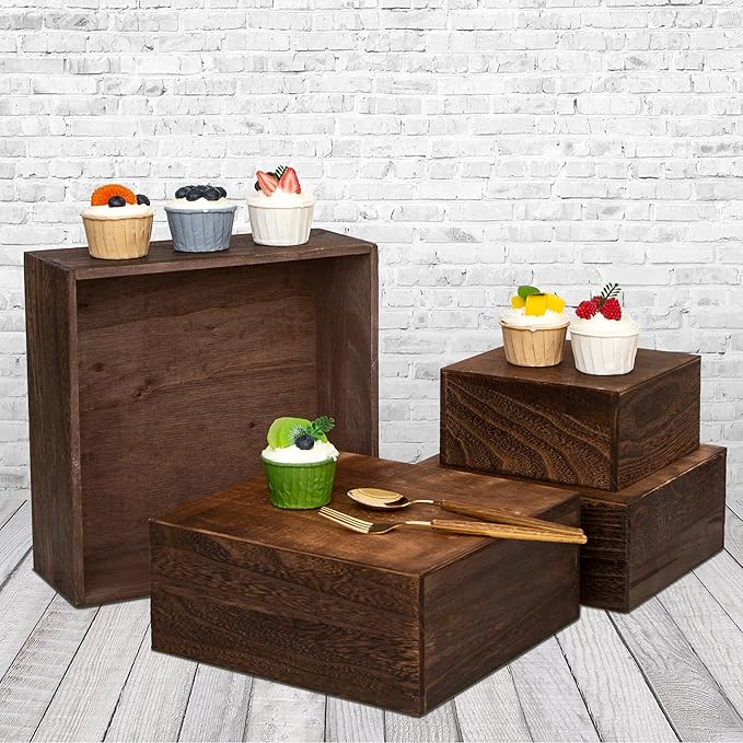 4 pieces wooden cake stands,antique brown cupcake stands for display,12 inches square wooden crates ,wood display risers for wedding,birthday party,Christmas,etc. (Antique Brown)