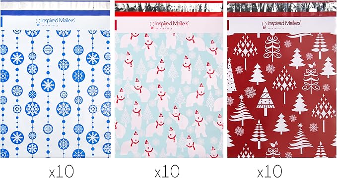 Inspired Mailers - Christmas Poly Mailers 10x13 Holiday Variety Pack of 30-10 each: Polar Bears, Red Christmas Trees, Blue Snowflake Baubles (10x13, 30 Pack)