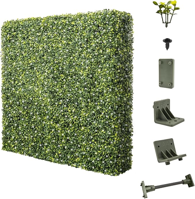 E&K 54" Wx54 Hx12 D Artificial Boxwood Hedge Wall with White Flowers, Artificial Outdoor Privacy Wall for Balcony Backyard Office, Indoor Divider Freestanding Greenery Backdrop
