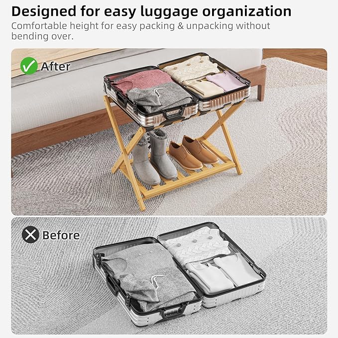 2 Pack Bamboo Luggage Rack for Guest Room, 26.77" Folding Wide Suitcase Stand with Storage Shelf, Thickened Luggage Stand Holder for Bedroom Hotel, Luggage Rack for Suitcases (Natural)