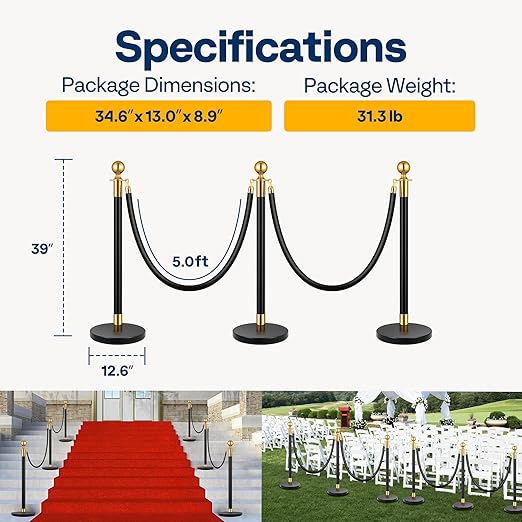 VIVOHOME Iron Stanchion Post Queue 6PCS Pole w/ 4 Red Velvet Ropes, Crowd Control Barriers w/Fillable Base for High-end Venues, Museums, Party Supplies (6 Pieces, Black and Golden)