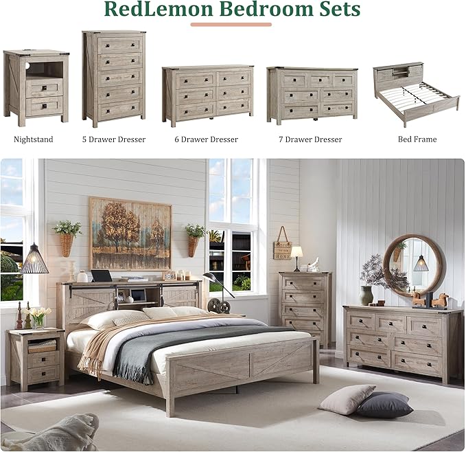 RedLemon 7 Drawer Dresser for Bedroom, Farmhouse 54" Wide Rustic Wood Dresser TV Stand, Dresser Chest of Drawers for Closet, Living Room, Hallway, Light Rustic Oak