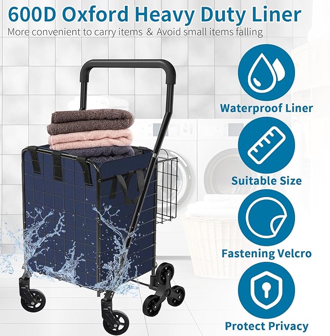 Grocery Shopping Cart with Waterproof Liner Stair Climber Utility Cart Easily Collapsible Cart with Tri-Wheels, 66lb Extended Foam Cover, Trolley for Stair, Laundry, Travel (Blue-)