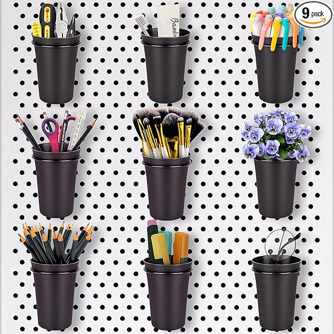 G.CORE 9 Pack Pegboard Cups with Hooks, Peg Board Hooks Assortment Organizer Accessory, Various Tools Storage Arrange System Kit, for Garage Craft Workshop Workbench Hobby Office