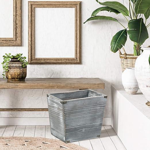 VERGOODR Grey Farmhouse Style Torched Wood Trash Can Waste Bin with Decorative Metal Brackets Trash Can for Bedroom,living room, Bathroom & Office (Gray)