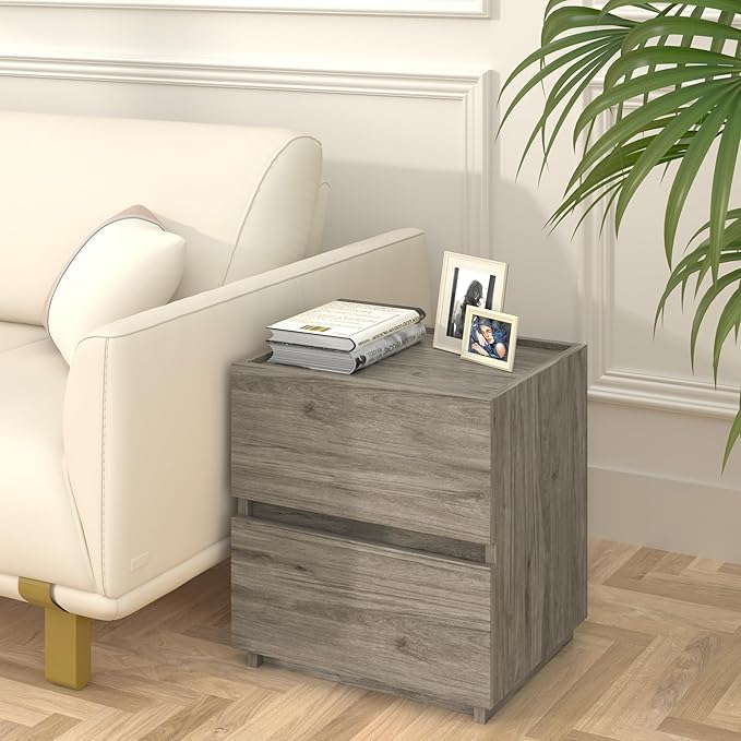 furtble Stackable 2-Drawer Dresser, Multi-Purpose Storage Closet Cube for Bedroom, Country Style Storage Cabinet for Entryway, Nightstand Sofa Beside Table Drawer Chest, 15.8 in, Grey Oak