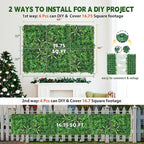 Artificial Boxwood Panel 20"x20" 6 Pieces, Green Grass Wall Backdrop for Fence Patio Backrop Balcony, Faux Ivy Privacy Fence Screen, 5 PCS Vines, 60 PCS Violet Flower, 2 PCS Light Strip
