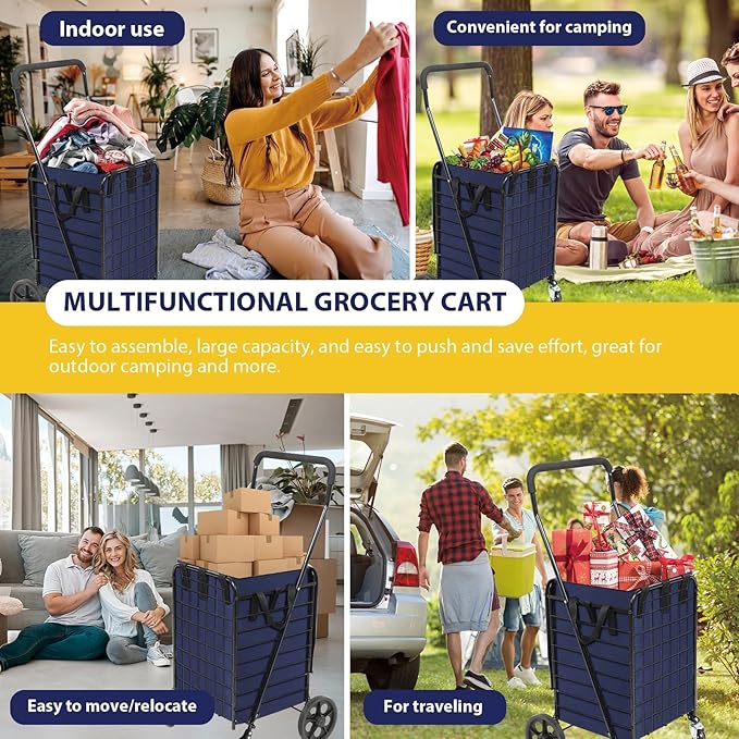Folding Shopping Cart for Groceries, Grocery Cart with Waterproof Liner and 360° Swiveling Wheels Collapsible Shopping Carts for Condo Laundry Transport Trip