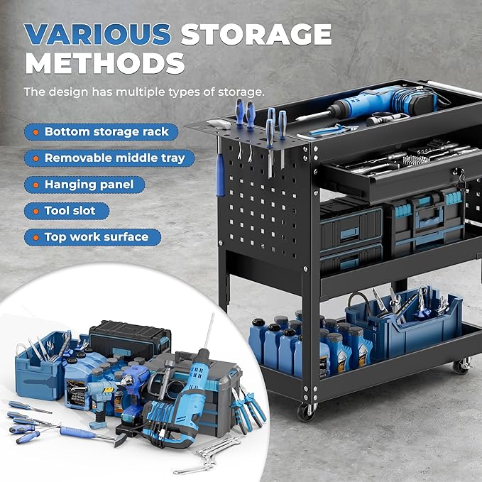 INTERGREAT 3-Tier Tool Cart, Heavy Duty Cart on Wheels, Industrial Mechanic Carts with Drawers and Pegboard, Tool Storage Cart for Garage, Warehouse, Black