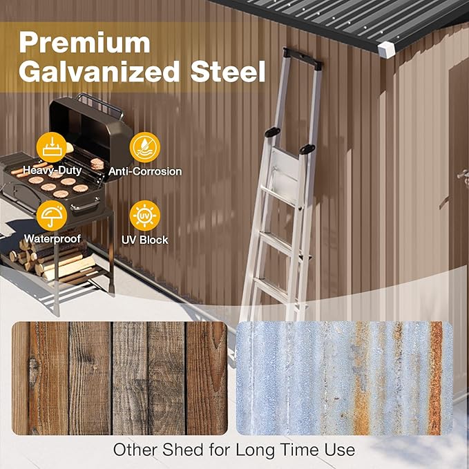 8x6 FT Outdoor Storage Shed with Base & Lockable Double Doors, Heavy-Duty Galvanized Steel Outdoor Metal Shed for Bike, Tool, Generator Storage in Backyard, Patio (8’x6’, Base)