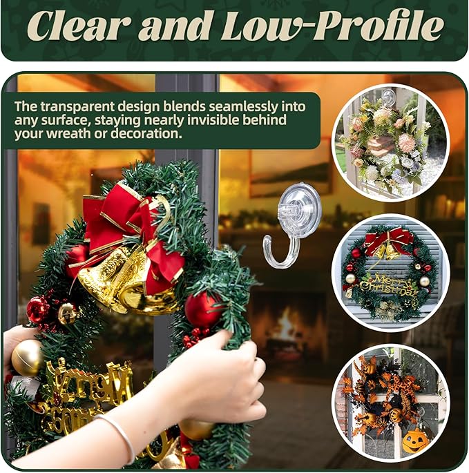 Wreath Hangers for Front Door, 2 Pack Large Suction Cup Wreath Hooks, Clear Wreath Hanger for Glass Window, Shower, Kitchen, Christmas Wreaths, Holds up to 18 lbs