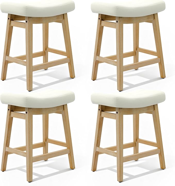 Counter Height Bar Stools Set of 4 for Kitchen Counter Backless Farmhouse Kitchen Island Barstools with Upholstered Faux Leather Saddle Seat and Solid Wood Legs Modern 24 inch Bar Chairs, White